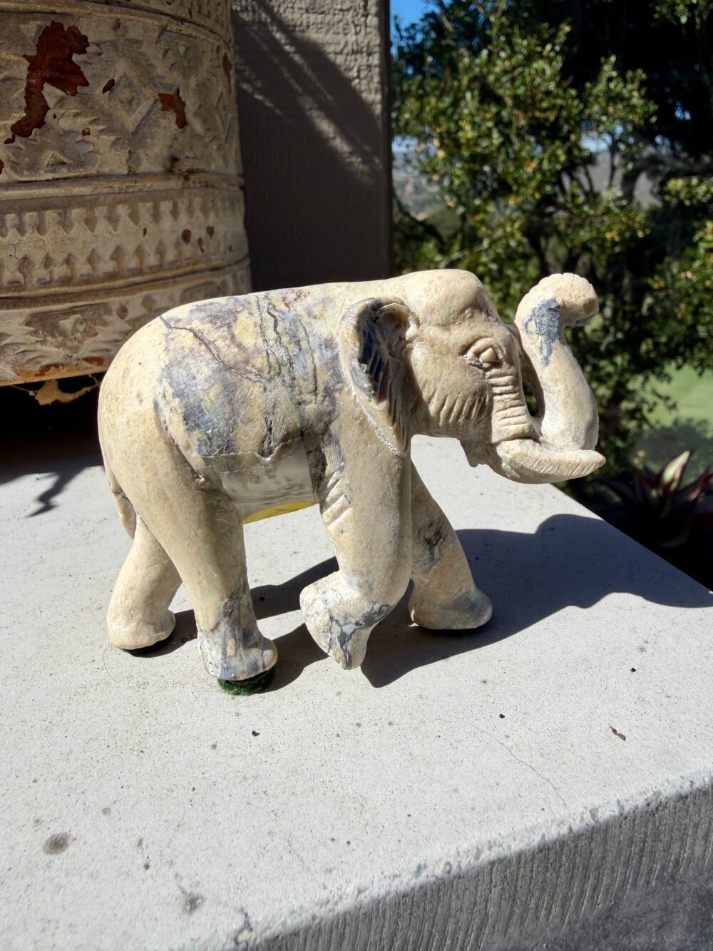 Vintage Hand Carved Soapstone Elephant Figurine Raised Trunk Stone 3"